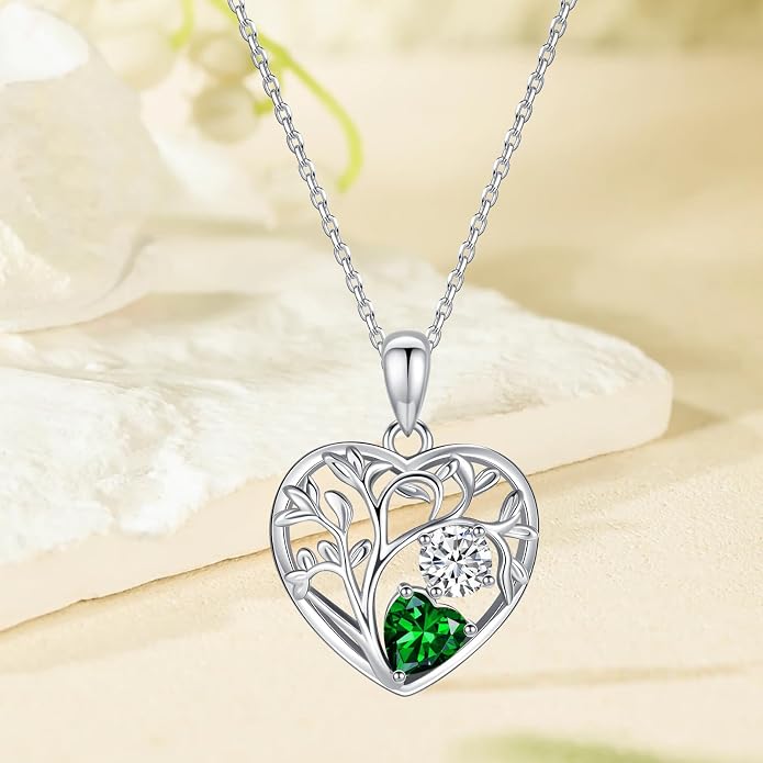 Tree of Life Birthstone Necklace Birthday Gifts 925 Sterling Silver Heart Pendant Birthstone Necklaces for Women Personalized 2 Gemstone Anniversary Graduation Gifts for Her Wife Mom