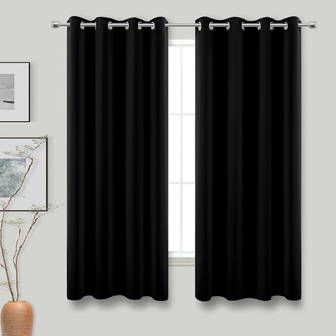 KOUFALL 60 Inch Curtains for Bedroom,Grommet Room Darkening Dark Out Heavy Thick Insulated Thermal Black Blackout Curtains for Winter 2 Panels Set