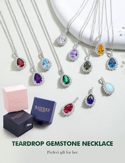925 Sterling Silver Teardrop Necklace for Women Huge Created Gemstone Solitaire Halo Pendant Pear Cut Birthstone Necklace