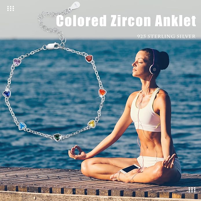 MEDWISE Sterling Silver Chakra Anklet 7 Chakra Beach Anklet Bracelet Link Chain Ankle Bracelet Gift for Women