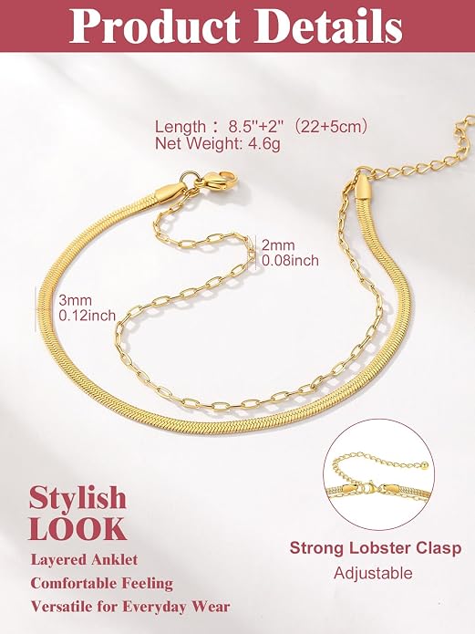 FOCALOOK 14K Gold Plated Anklets for Women Waterproof Plus Size Ankle Bracelet 8.5-10.5 Inch Adjustable Mariner/Figaro/Flat Snake/Cuban Link Chain Anklet Jewelry for Summer Beach Holiday