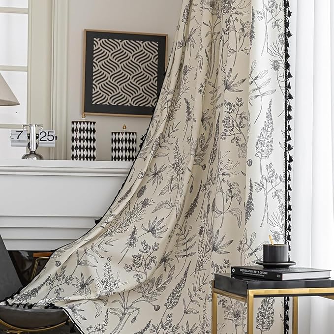 Black Floral Curtains 102 Inches Long, Boho Farmhouse Light Filtering Rod Pocket Drapes with Tassel Trim for Bedroom Living Room, 2 Panels