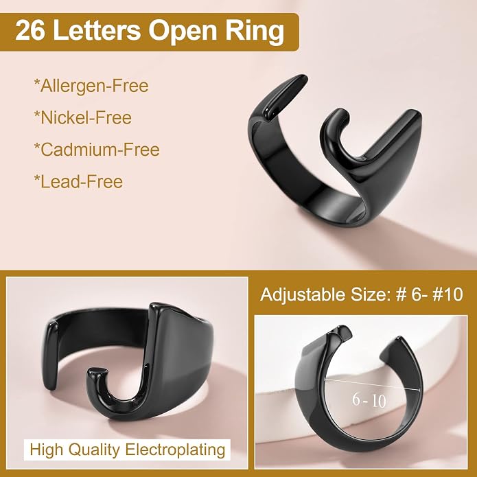KeyStyle Bold Initial Letter Rings Adjustable, GoldChic Jewelry Women Gold Statement Ring Personalized Engraved Women’s Open Signet Ring for Party (Gold, White Gold, Black)