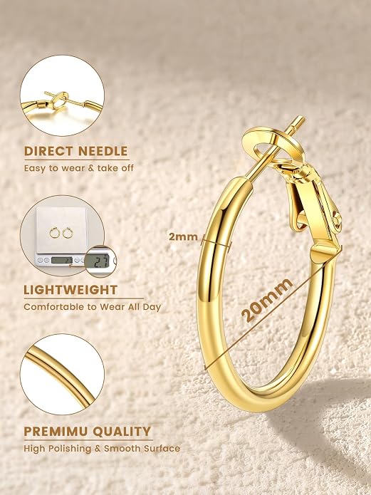 KeyStyle Gold Hoop Earrings for Women, Stainless Steel Hoops Earring Lightweight Loops, 2 mm Thick Hypoallergenic Circle Endless Thin Hoop (20/30/40/50/60/70/80/90/mm)