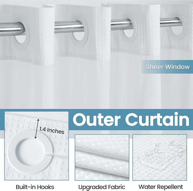 EUTXL Heavyweight Stall No Hook Shower Curtain with Snap in Liner,256GSM Waffle Weave Shower Curtains for Bathroom,54W x 80H,White
