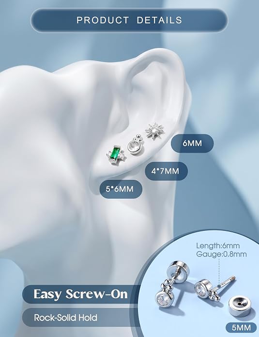 ORAZIO 925 Sterling Silver Flat Back Stud Earrings for Women Hypoallergenic 14K Gold Plated Cartilage Earrings for Sensitive Ears Small CZ Opal Conch Helix Tragus Piercing Jewelry 3 Pairs 20G