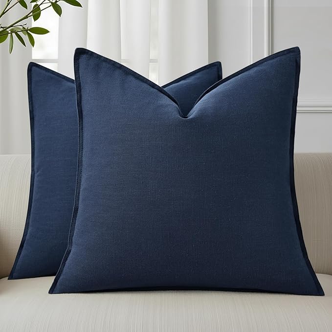 decorUhome Fall Navy Blue Linen Throw Pillow Covers 18x18 Set of 2 | Decorative Soft Cozy Modern Farmhouse Boho Accent Pillow Cases with Flange Edges for Couch Bed Sofa Living Room Home Decor