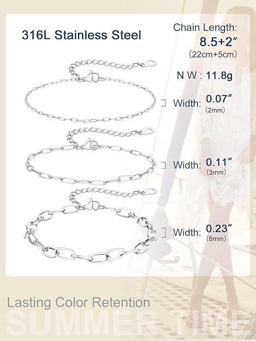 ChainsPro Stainless Steel Waterproof Anklet for Women, Adjustable Non Tarnish Layered Anklets, Trendy Dainty Cuban Link Ankle Bracelet Beach Jewelry Gifts for Swimming & Daily Wear (8.5+2 inches)