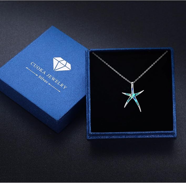 Cuoka Starfish Necklace, 925 Sterling Silver with Opal, Hawaiian Beach Nautical Ocean Pendant, Starfish Jewelry Opal Jewelry Valentine for Women Girlfriend