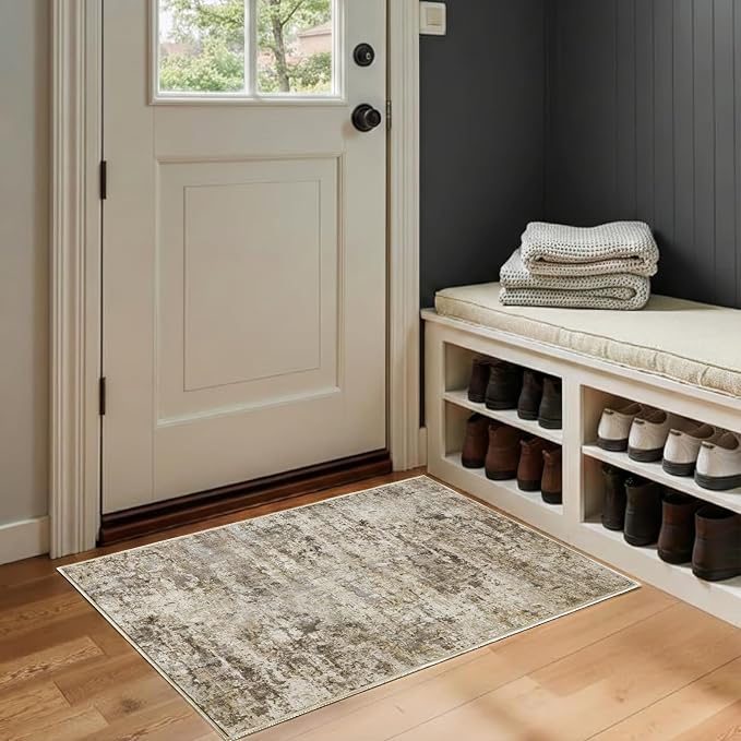 2x3 Rug for Entryway Hallway-No Slip Soft Carpets Modern Abstract Indoor Floor Stain Resistant Carpet for Bedroom Dining Room Farmhouse Nursery Home Office Brown