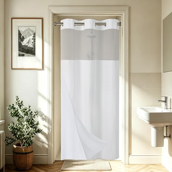 EUTXL Heavyweight Stall No Hook Shower Curtain with Snap in Liner,256GSM Waffle Weave Shower Curtains for Bathroom,36W x 74H,White