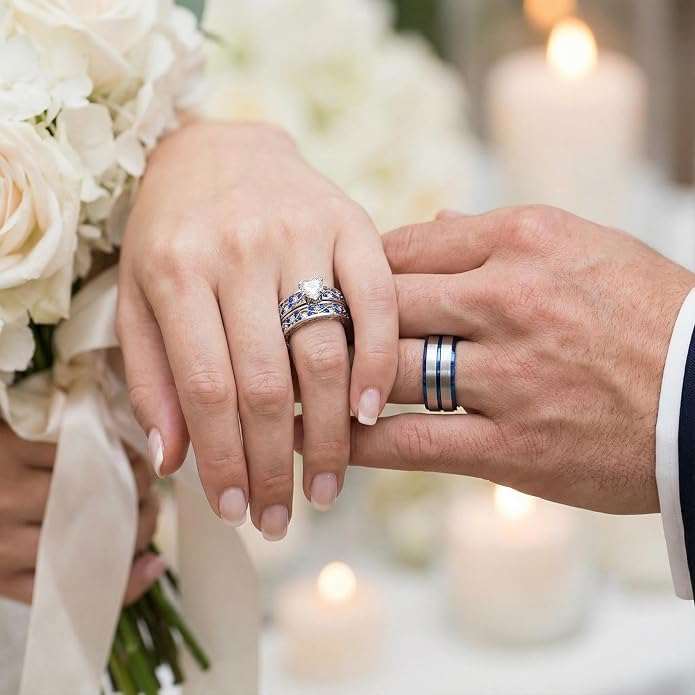 Couple Ring Bridal Sets His Hers Women 10k White Gold Filled Men Tungsten Carbide Wedding Engagement Ring Band