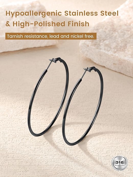 KeyStyle Gold Hoop Earrings for Women, Stainless Steel Hoops Earring Lightweight Loops, 2 mm Thick Hypoallergenic Circle Endless Thin Hoop (20/30/40/50/60/70/80/90/mm)