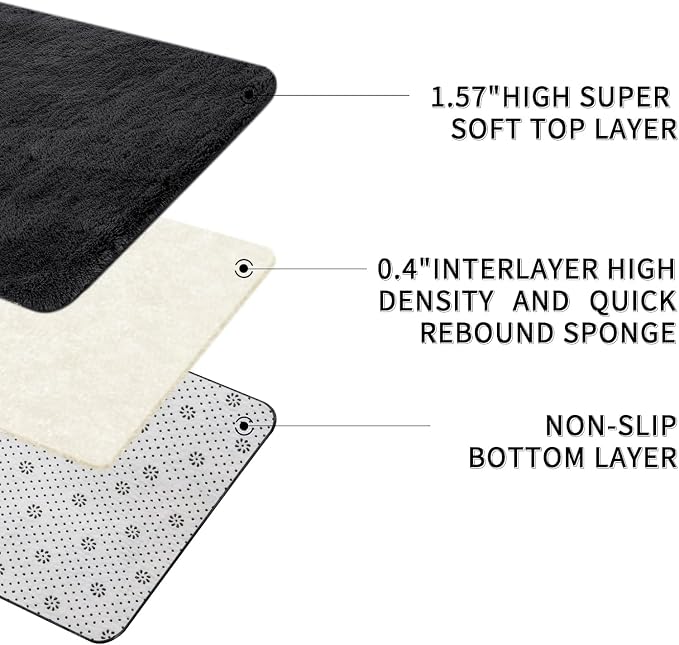 Sour Lemon Area Rugs 9x12 Living Room Bedroom, Large Fluffy Shag Black | Shaggy Carpet, Soft Plush Furry Bedside Rugs, Anti Slip, Washable Area Modern Rugs Floor Mat for Kids Girls Boys Living Room