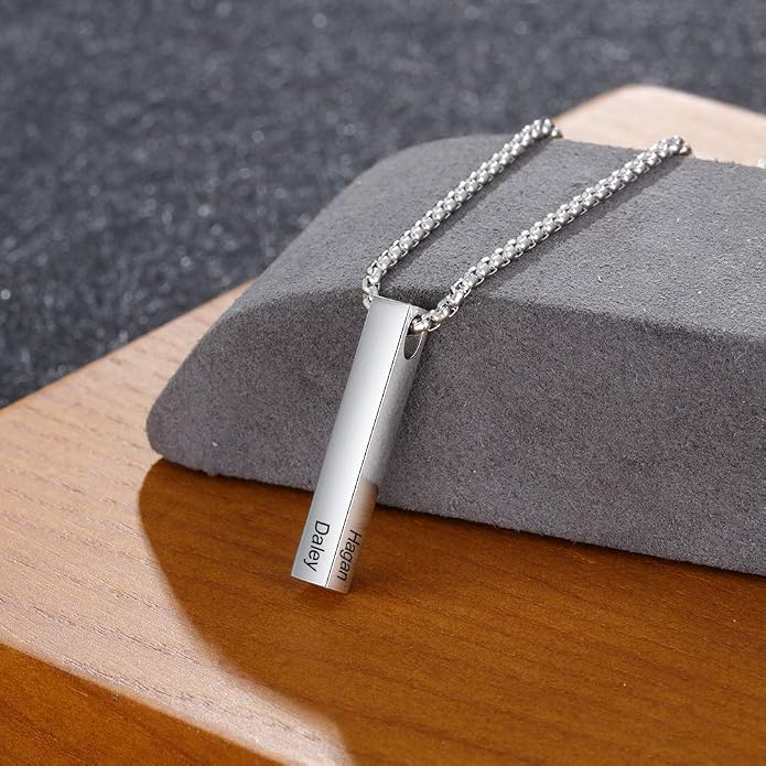 Personalized Men's Name Bar Necklace Engraved Initial Name Stainless Steel Vertical Bar Necklace for Father Husband Boyfriend Birthday