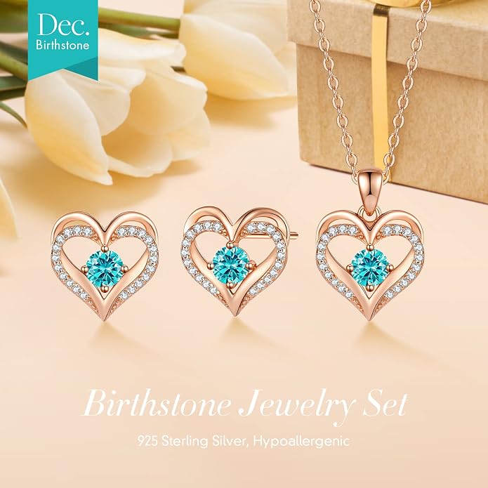 CDE Jewelry Sets for Women Love Heart Pendant Necklaces Earrings, 925 Sterling Silver with Birthstone Zirconia, Birthday Jewelry Gift for Wife Girlfriend Her