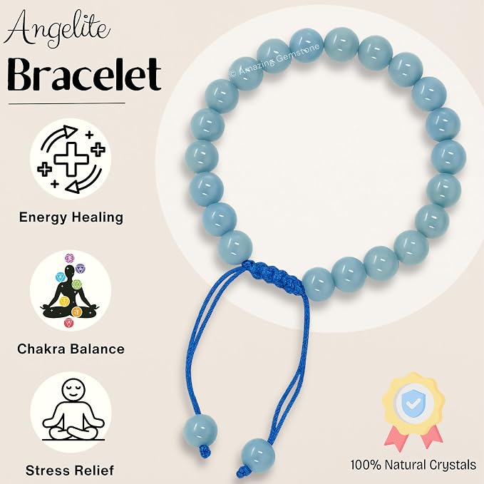 Amazing Gemstone Angelite Bracelet for Women Men's Gifts - Protection Healing Crystal Bracelet - 8mm Gemstone Beaded Adjustable Bracelet Pulseras para Hombres Mujer Stocking Stuffers