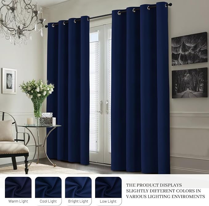 Yakamok Navy Blue 100% Blackout Curtains 63 Inches Long 50" Wide, 2 Panels | Blackout Curtain Panels for Bedroom, 2 Thick Layers Grommet Top Thermal Insulated Drapes with White Back for Living Room