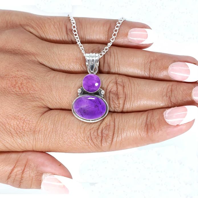 Handmade Genuine 925 Sterling Silver Pendant Necklace Natural Gemstone Crystal, Lapis, Onyx, Amber Oval Round Boho Jewelry For Women