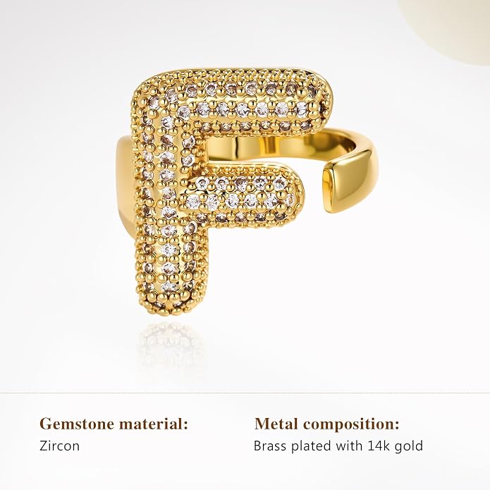 Cicy Bell Initial Rings for Women 14k Gold Plated Cubic Zirconia Delicate Letter Chunky Statement Open Rings Gifts for Her