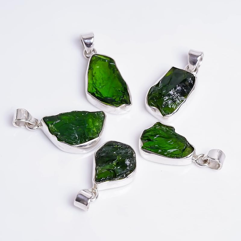 Natural Real Raw Chrome Diopside Crystals Bezel Pendant Necklace, Healing Rough Gemstone, 925 Sterling Silver Jewelry 18 inch