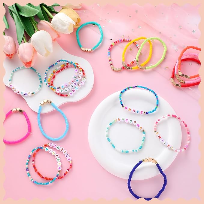 Landical 72 Pcs Friendship Bracelets Bulk for Woman Adjustable Colorful Beaded Bracelets Colorful Letter Beads Bracelets Friends Surfer Beaded Bracelets for Women(Elastic Bead Style)