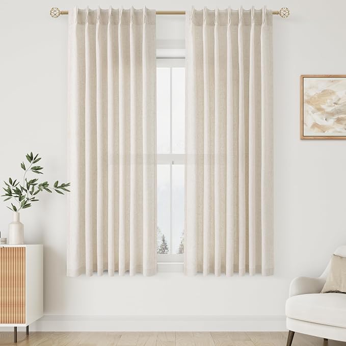 Natural Cream Linen Pinch Pleated Window Curtains 63 Inch Long Pinch Pleat Back Tab Light Filtering Drapes with Hooks Boho Farmhouse Decor Semi Sheer 63 Inch Curtain for Bedroom Living Room Kitchen