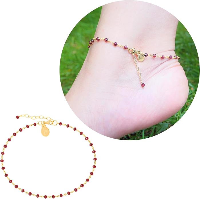 Dainty Gemstone Anklet for Women – 10 Inch Adjustable Anklet with 1 Inch Extender, Gold or Silver Plated Foot Jewelry, Minimalist Boho Style Gift