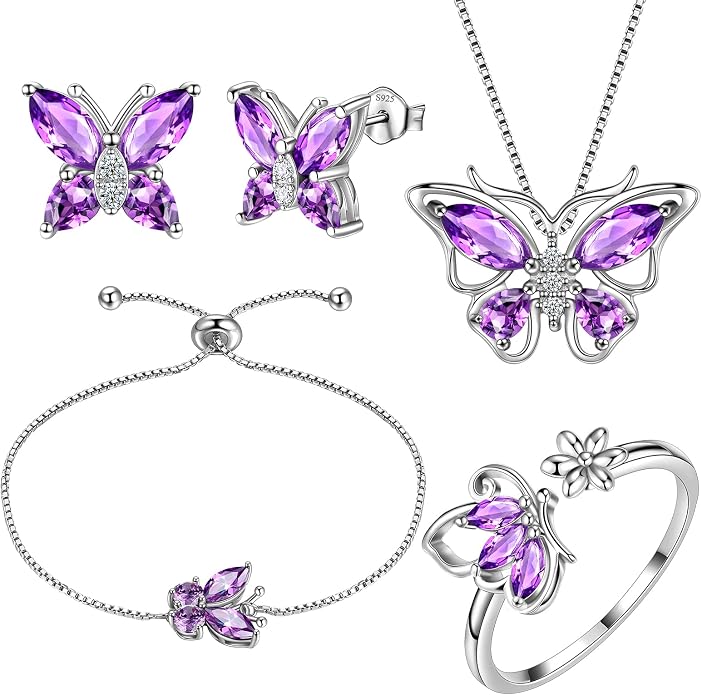 Aurora Tears Butterfly Jewelry,Women 925 Sterling Silver Butterflies Birthstone Pendant Necklace/Earrings/Rings Wedding Gift