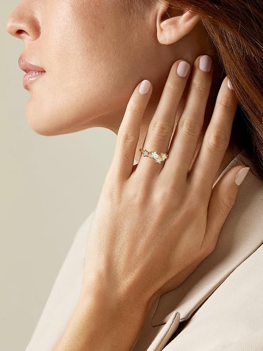 Moissanite Flower/Butterfly/Star Pretty Open Ring for Women, Adjustable Ring, Solid 925 Sterling Silver with Gold Plated, Stackable Ring, Birthday Valentines Anniversary Mothers Day Ideal Gift for Her