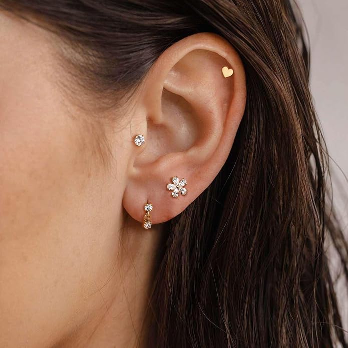 BodyBonita 16G Gold Stud Earrings Flat Back - G23 Titanium Internal Thread Clear CZ Cartilage Earrings for Women