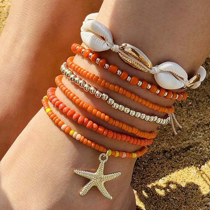 Shell Anklets Bracelet for Women Waterproof Surfer Starfish Bracelet Puka Shell Anklet Colorful Boho Stack Stretch Bead Bracelet Set Hawaii Summer Beach Vacation Foot Jewelry