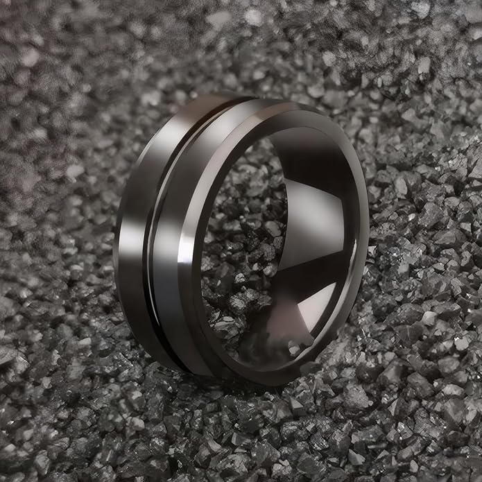 MMTTAO Men's Titanium Ring Wedding Bands for Men Women 6MM 8MM 10MM Black/Blue/Silver Engagement Band Wedding Rings Beveled Edge Brushed Matte Finished & Polished Grooved Center Comfort Fit Size 6-13