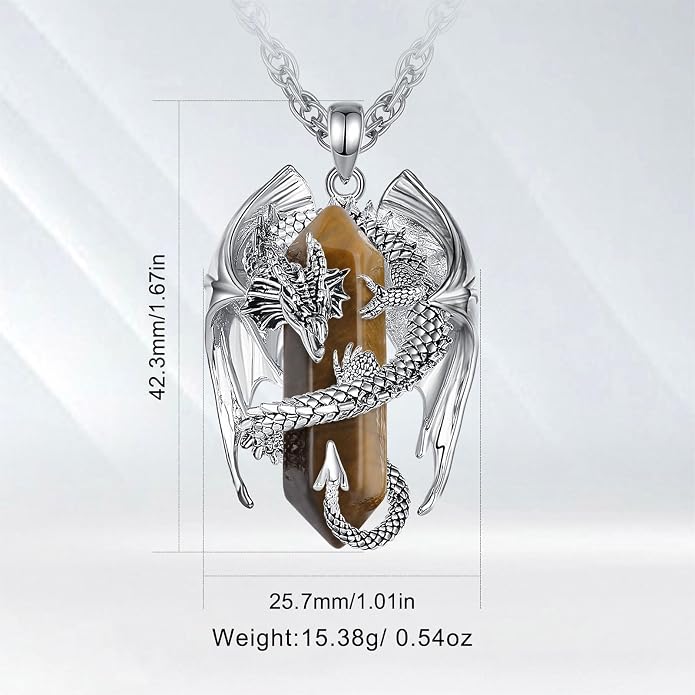 INFUSEU Unique Dragon Necklaces with Healing Crystal Stone for Men Women, Personalized Spiritual Gifts, 24 Inch Chain