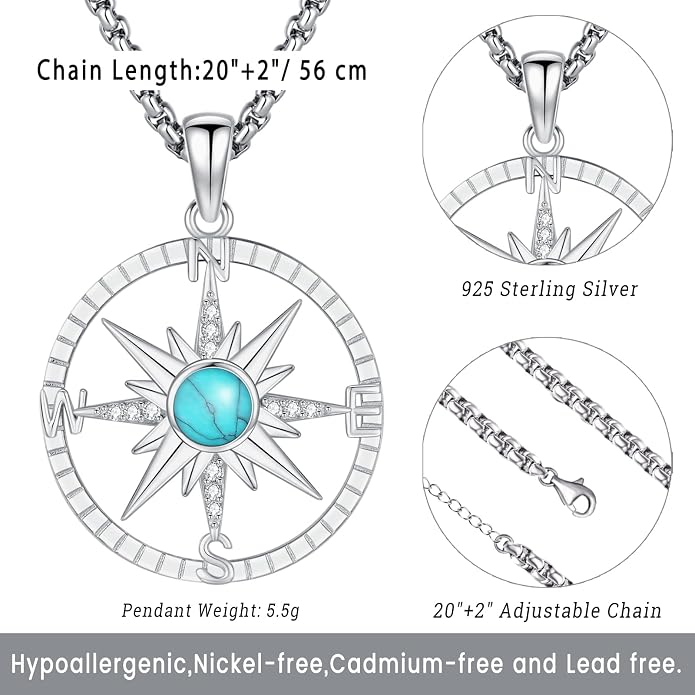 Compass Necklace for Women Men 925 Sterling Silver Pendant Urn Necklaces for Ashes Picture Locket Necklace Anchor Necklace Viking Necklace Crystals CZ Moonstone Abalone Shell Turquoise Compass Jewelry