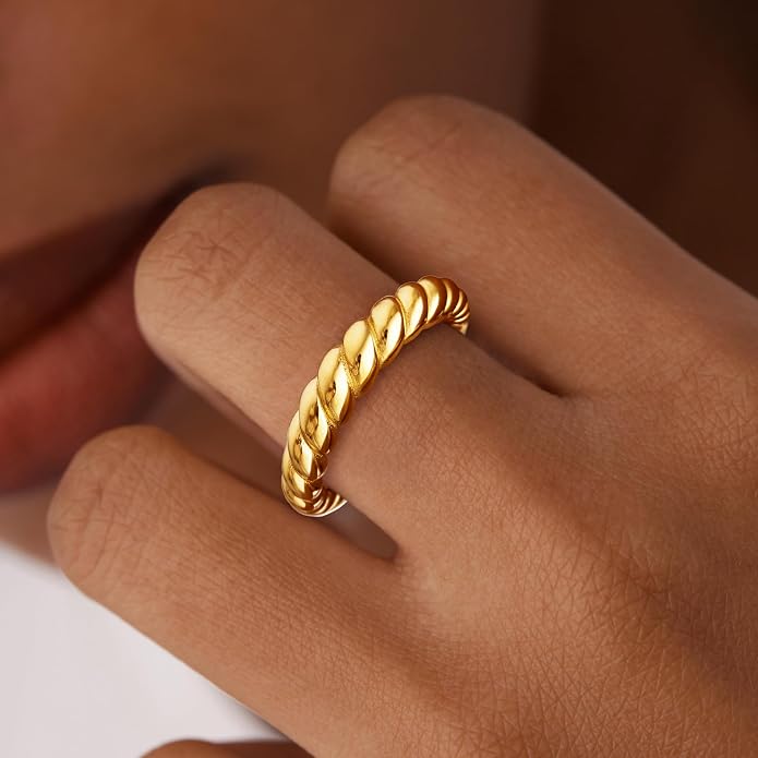 Non Tarnish Gold Chunky Rings for Women, 14K Gold Plated Statement Dome Rings Stacking Silver, Adjustable Mens Eternity Wedding Band Mixed Metal Jewelry Size 3-13