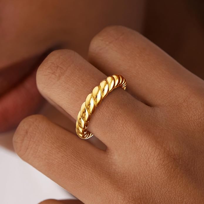 Non Tarnish Gold Chunky Rings for Women, 14K Gold Plated Statement Dome Rings Stacking Silver, Adjustable Mens Eternity Wedding Band Mixed Metal Jewelry Size 3-13