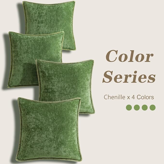 decorUhome Fall Soft Decorative Chenille Throw Pillow Covers 18x18 Set of 4 | Moss Green Cozy Decorative Modern Farmhouse Neutral Pillow Cases with Stitched Edge for Couch Sofa Bed Living Room Home Decor