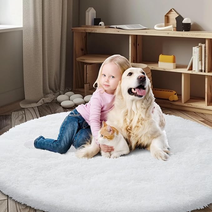 Super Soft Circle Rugs for Girls Princess Castle Toddlers Play Tent 3 Diameter Circular Area Rugs for Bedroom Home Decor Round Shag Playhouse Carpets(Φ3, White)