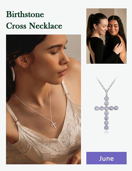 Sterling Silver Cross Necklace for Women Birthstone Religious Jewelry