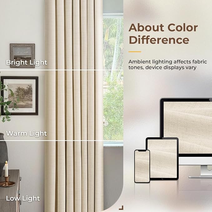 INOVADAY 100% Blackout Curtains for Bedroom, Cream Black Out Curtains 96 Inch Long, Clip Rings Linen Blackout Drapes, Thermal Insulated Room Darkening for Living Room, 2 Panels - W50xL96