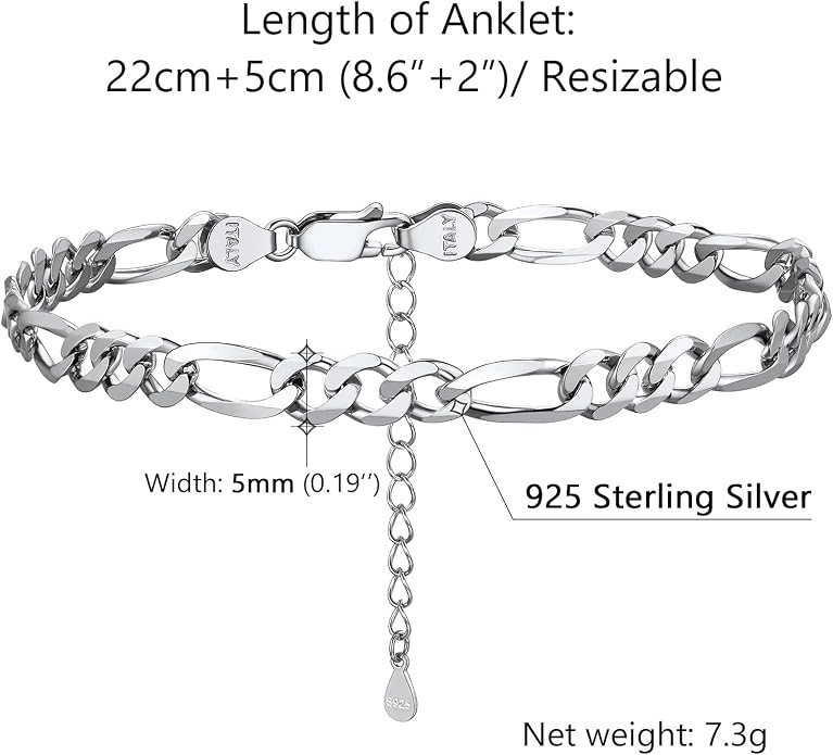 PROSILVER 925 Sterling Silver Ankle Bracelets For Women, Stylish Chain Anklets, Summer Beach Jewelry, 8.6-10.6 Inch Adjustable, Come with Box