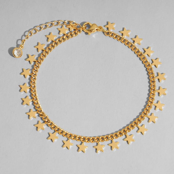 Dremmy Studios Gold Bracelet for Women 18K Gold Plated Dainty Paperclip Cubic Zirconia Disc Coin Star Cable Satellite Bead Pearl Simple Boho Minimalist Stacking Layered Link Jewelry Gift