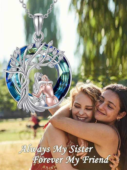 Sisters Necklace Sterling Silver Always My Sister Forever My Friend Jewelry Tree of Life Palm Trees Necklace for Women Female Friendship Jewelry