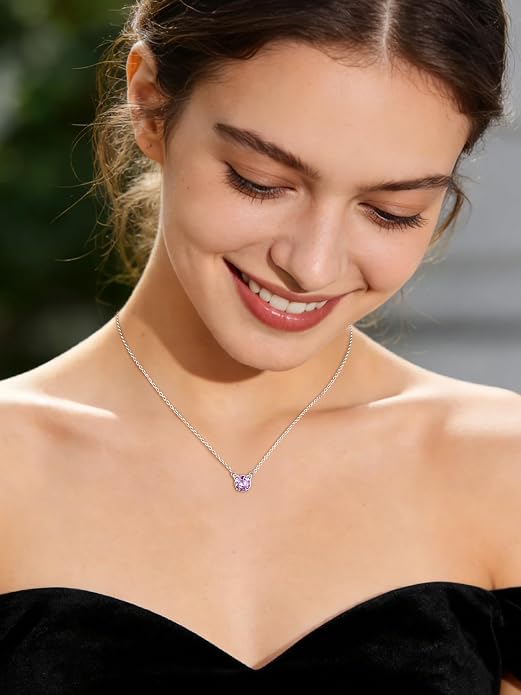ChicSilver Bow and Cat Birthstone Necklace, 925 Sterling Silver Pendant Necklaces for Women, Hypoallergenic Silver Choker with 16 inch Rolo Chain, 12 Months Jewelry for Valentines Mothers Day Christmas