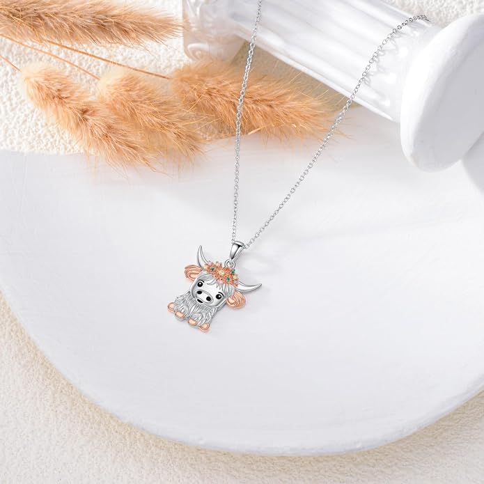 Highland Cow Gifts for Women 925 Sterling Silver Highland Cow Birthstone Necklace Fluffy Cow Jewelry Gifts Birthday Christmas