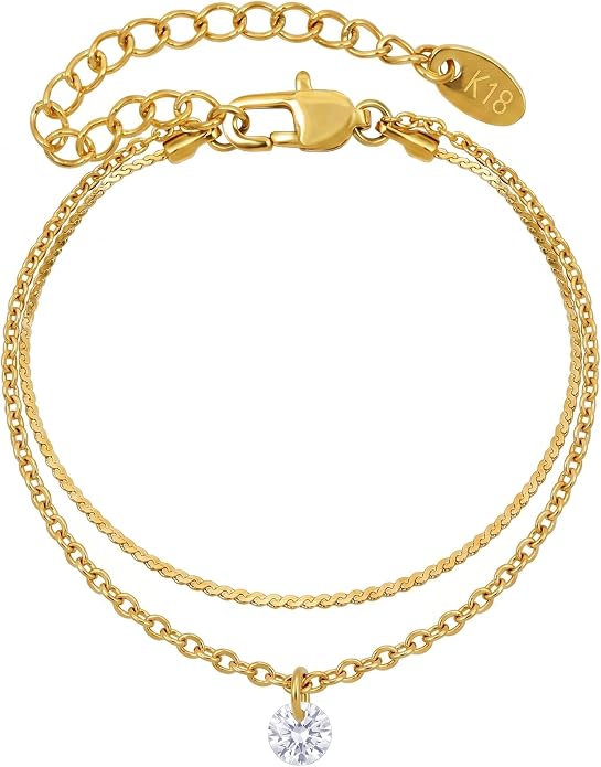 Layered Anklet for Women, 18K Gold Plated Stainless Steel Dainty Double Chain Ankle Bracelet, Minimalist CZ Foot Jewelry Gift