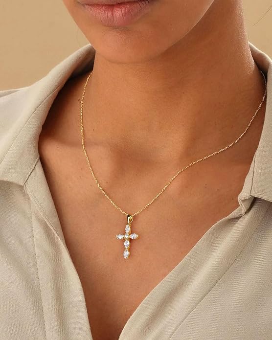 14K Gold Plated 925 Sterling Silver Birthstone Cross Necklace for Women Men