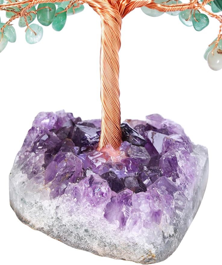 Jovivi Natural Green Aventurine Healing Crystal Money Tree on Amethyst Cluster Geode Druzy Base Feng Shui Crystals for Home Office Desk Decorations, Wealth, Good Luck