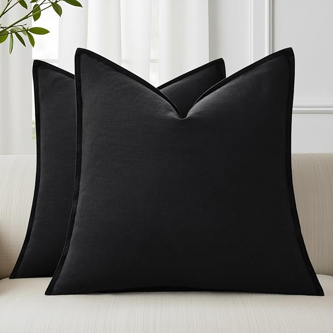 decorUhome Fall Black Linen Throw Pillow Covers 24x24 Set of 2 | Decorative Soft Cozy Modern Farmhouse Boho Accent Pillow Cases with Flange Edges for Couch Bed Sofa Living Room Home Decor